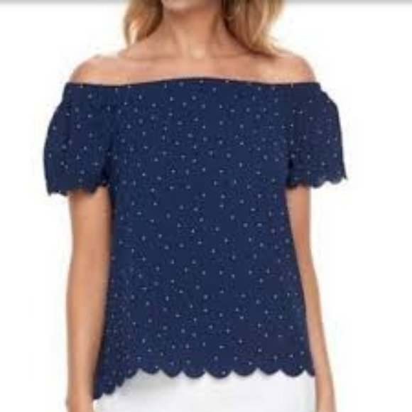 Elle NWT Off Shoulder Scalloped Blouse Navy & White Polka Dots Small - Picture 2 of 15